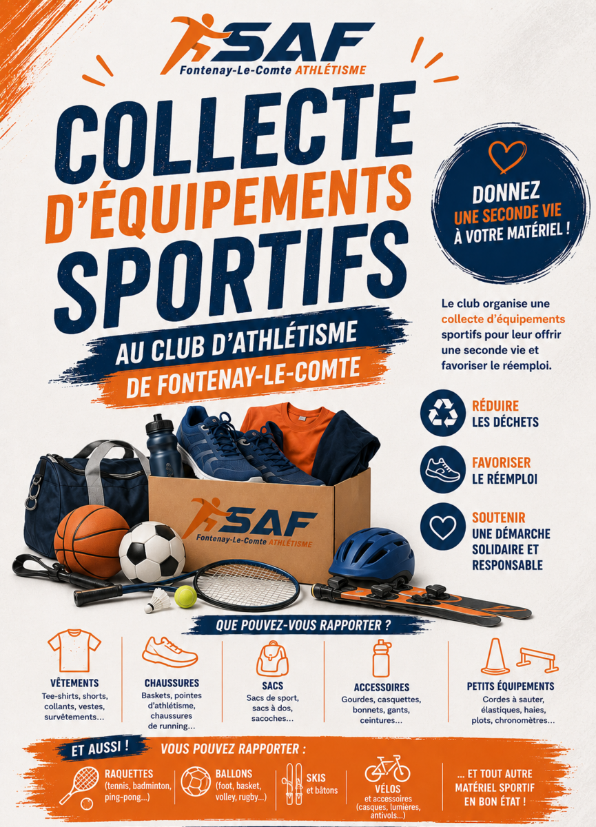 🏃‍♀️ Collecte d’équipements sportifs au sein du club d’athlétisme de Fontenay-le-Comte 🏃‍♂️